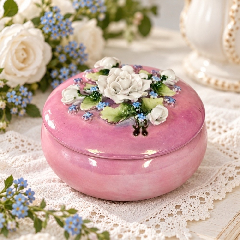 Antique 1920s-40s German Porcelain Trinket Box Pink Applied Roses Forget Me Nots